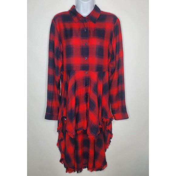 Venus Womens Red Blue Plaid Button Front Top Size 12 High Low Frayed Long Sleeve - Picture 1 of 11